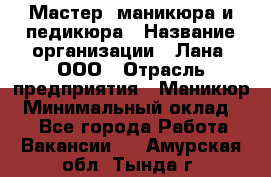 Мастер  маникюра и педикюра › Название организации ­ Лана, ООО › Отрасль предприятия ­ Маникюр › Минимальный оклад ­ 1 - Все города Работа » Вакансии   . Амурская обл.,Тында г.